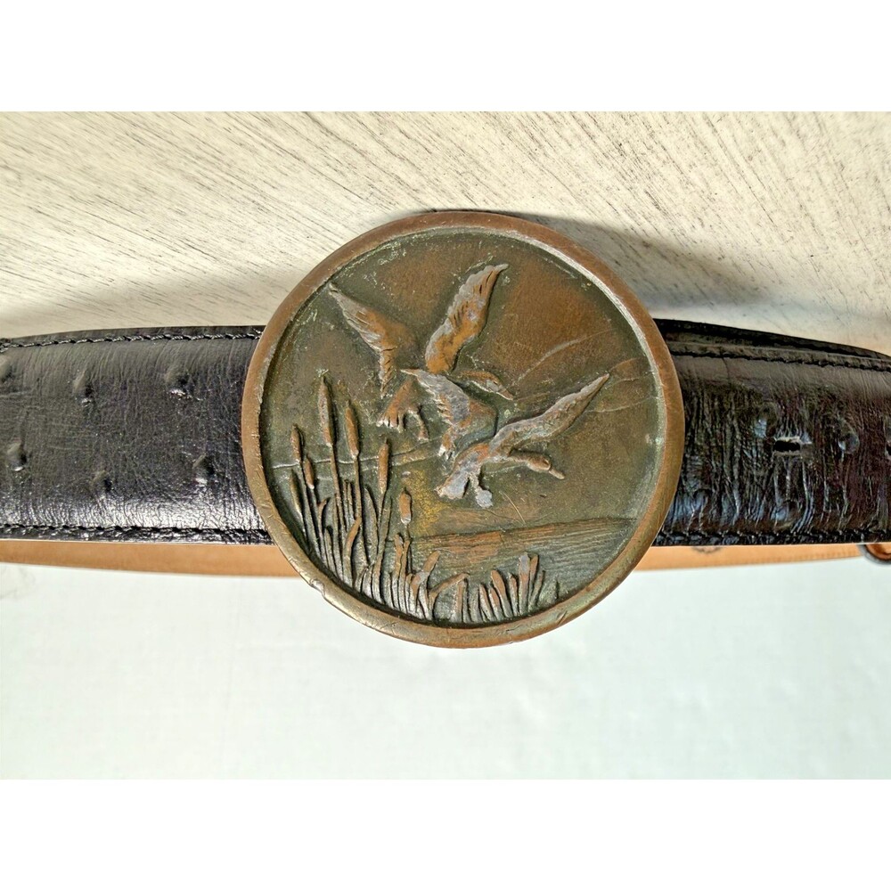 Vintage 1976 Indiana Metal Craft Ducks in Flight Belt Buckle Marshland Wildlife